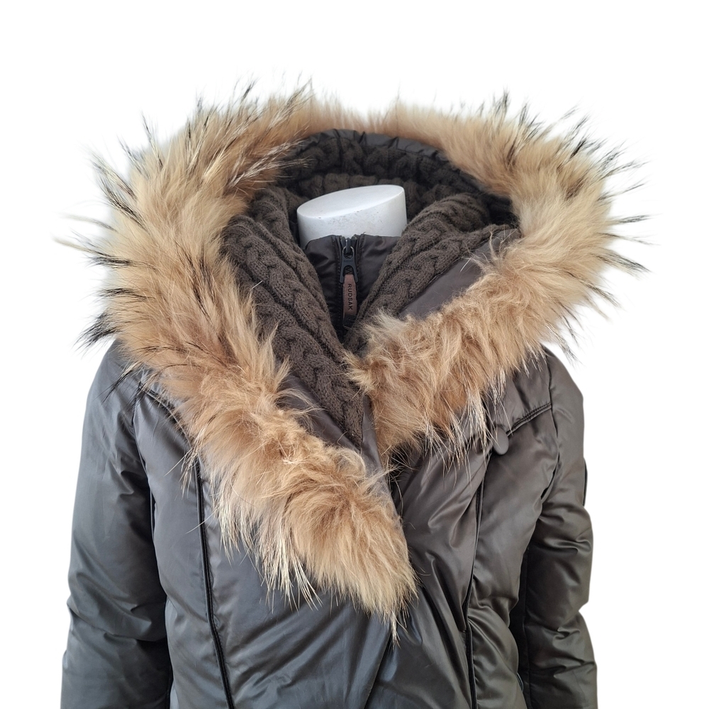 Rudsak Feathers Down Leather Women's Winter Coat Real Fur khaki brown - Picture 10 of 16